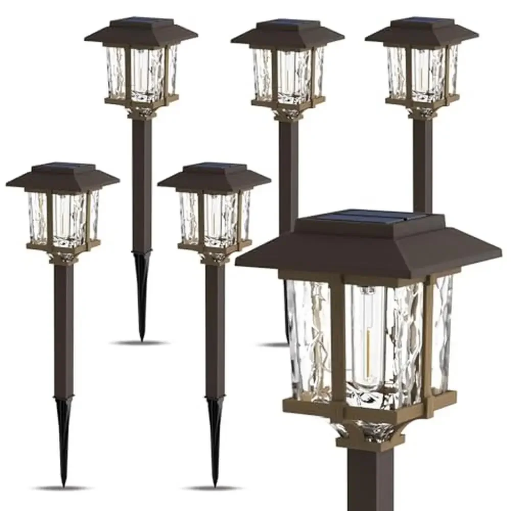 Solar Pathway Lights Outdoor Waterproof 6 Pack Bronze Wood Tone 15LM LED Auto On/Off Glass IP65 Weather-Resistant Non-Wired Yard