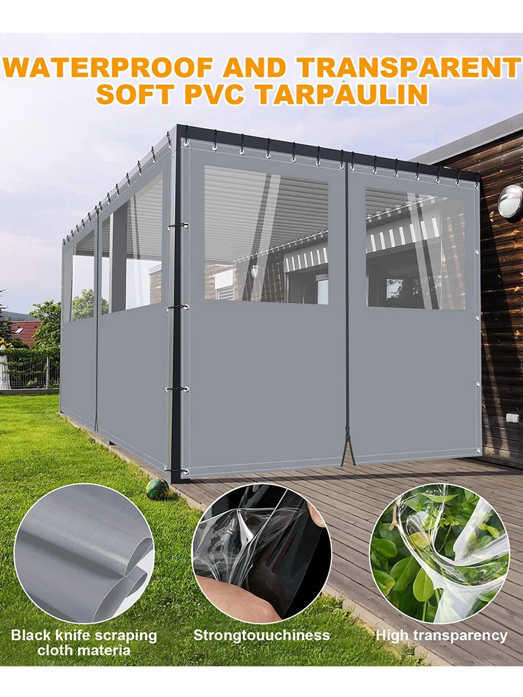 Wodoodporna zasłona działowa z plandeki PVC 650g/m² 0,55mm, przezroczysty panel winylowy z dwustronnym zamkiem błyskawicznym, odporna na deszcz, wiatr i zimno, ognioodporna plandeka z nierdzewnymi — 2