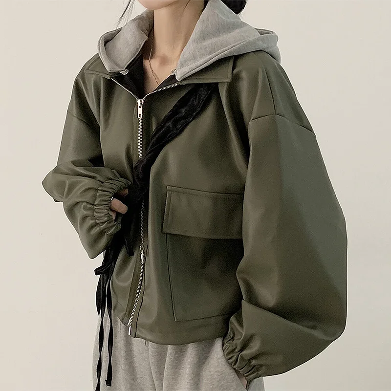 Sli ort Leather Jaet Women's Trendy Autumn Winter Vintage Zipper Large ket Casual Loose Fit Versatile Hooded Coat