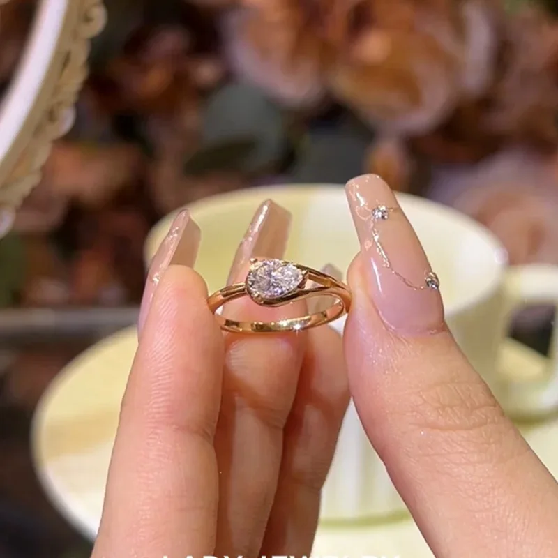 9999 gold droplet diamond ring - Women's ins Korean light luxury niche style finger ring, European opening index finger ring