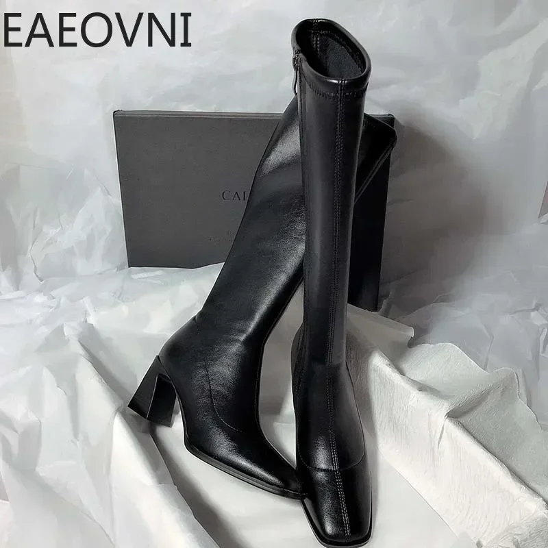 Winter High Heel Knee High Boots Women Shoes Fashion Square Toe Long Knight Bootties Ladies High Quality Shoes