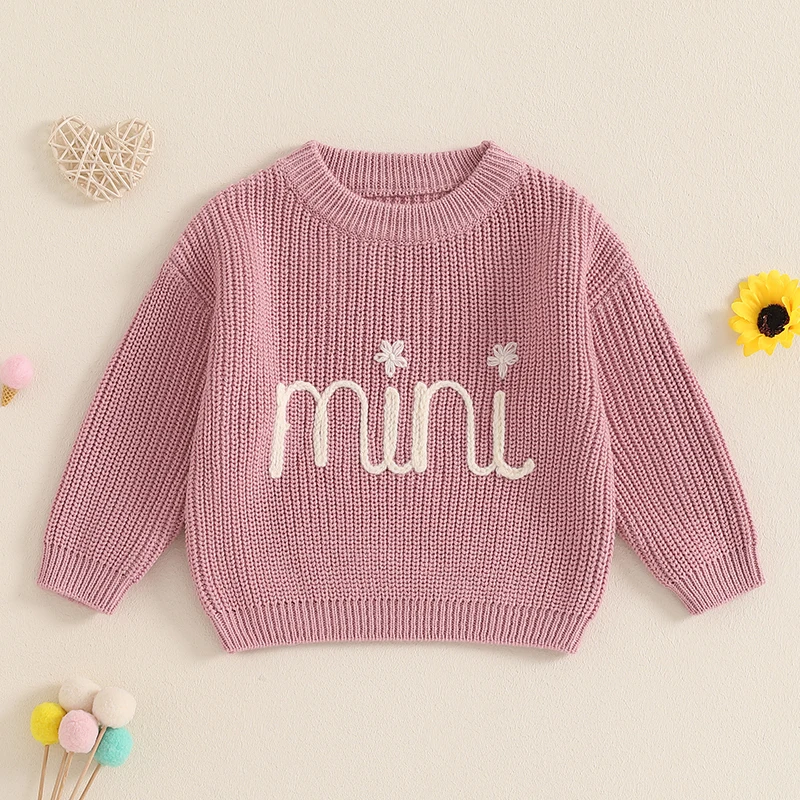 FOCUSNORM 5 Colors Mommy and Me Matching Baby Girls Sweaters 0-6Y Ribbed Long Sleeve Letter Embroidery Knit Tops Autumn Winter