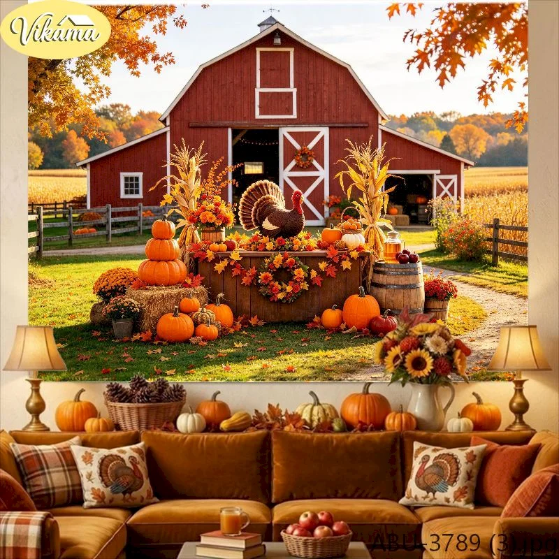 VIKAMA Thanksgiving Tapestry Wall Hanging Red Barn Farm Turkey Pumpkin Cornstalk Harvest Fall Rustic Decor