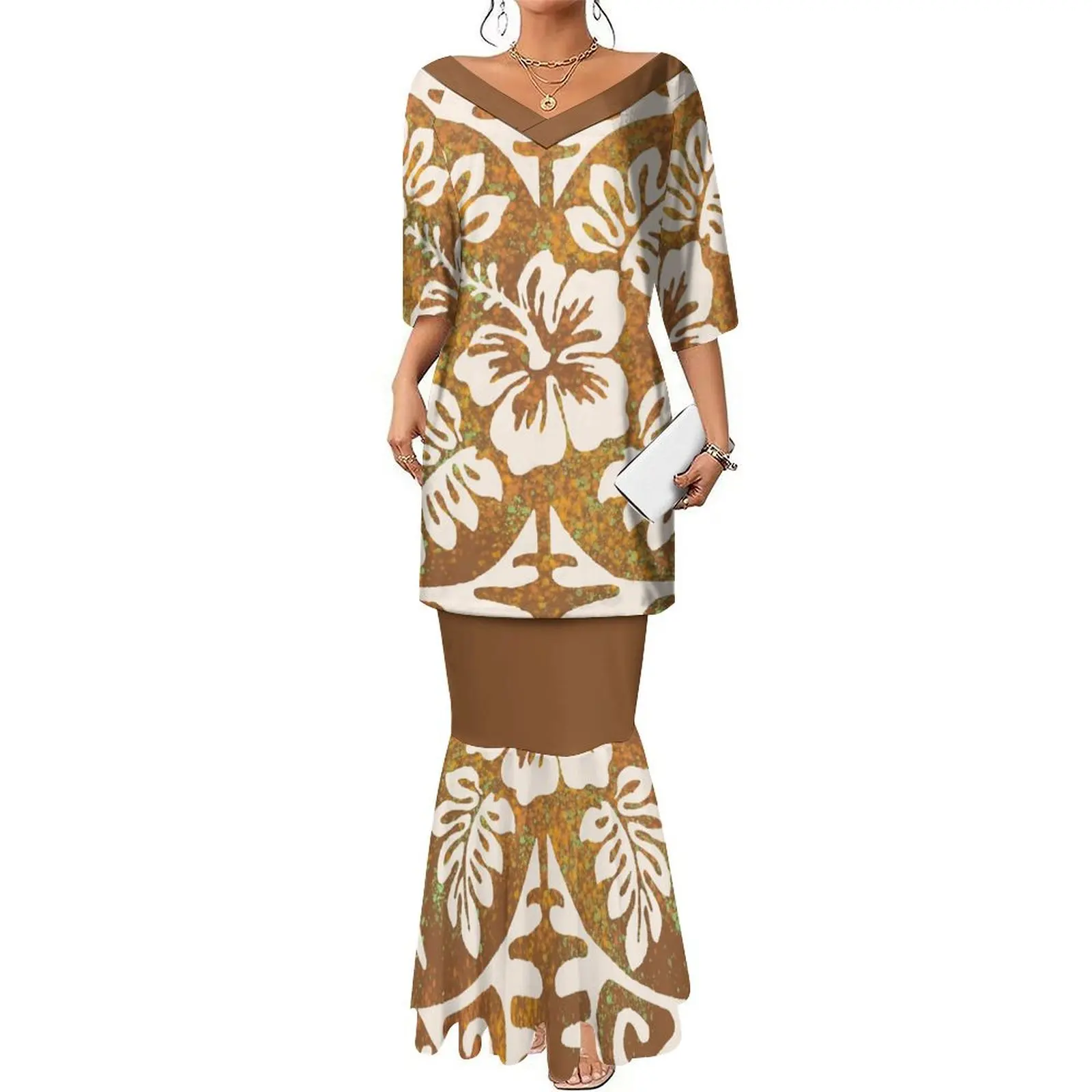 

Ladies Elegant Fishtail Dress Summer V-Neck Dress Polynesian Dress Tribal Ethnic Style Puletasi Set Skirt Floral Print