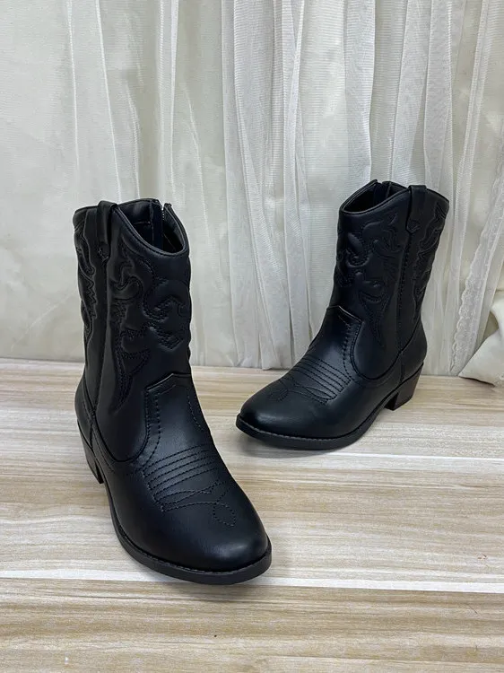 

Faionable round Toe Pure Color Chunky Heel Commuter Versatile Side Zipper Retro Faion ort Boots Women's Boots