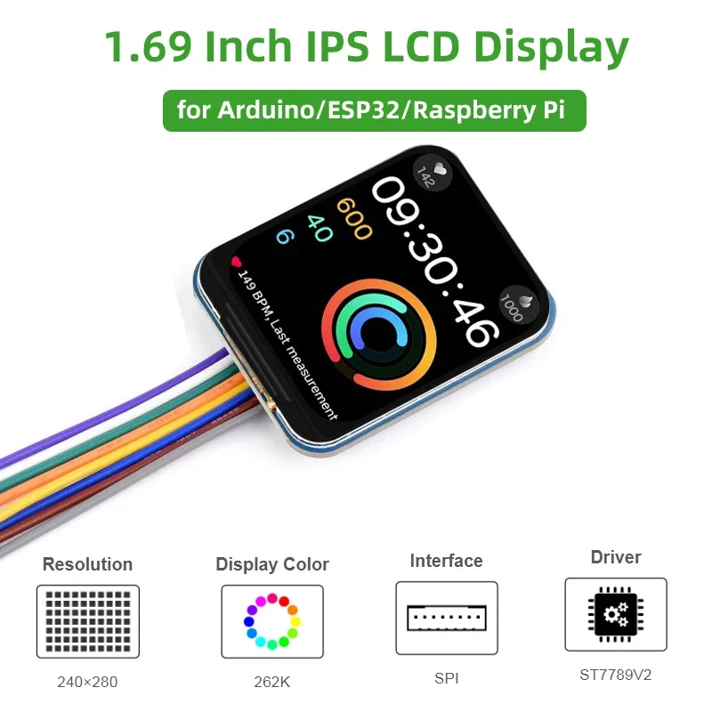 Módulo de exibição LCD para arduino, tela IPS, interface 240 × 280 SPI, cores 262K, ESP32, framboesa pi 4B, 3B, zero, ST7789V2, 1,69"