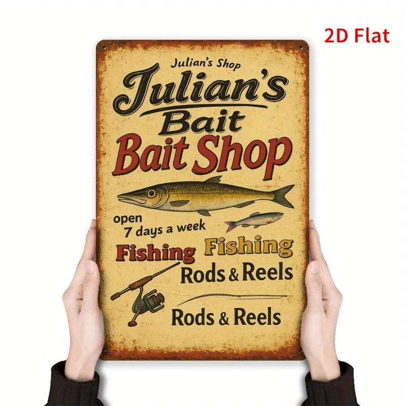 2D Flat, Vintage Fishing Tackle Shop Metal Sign - 