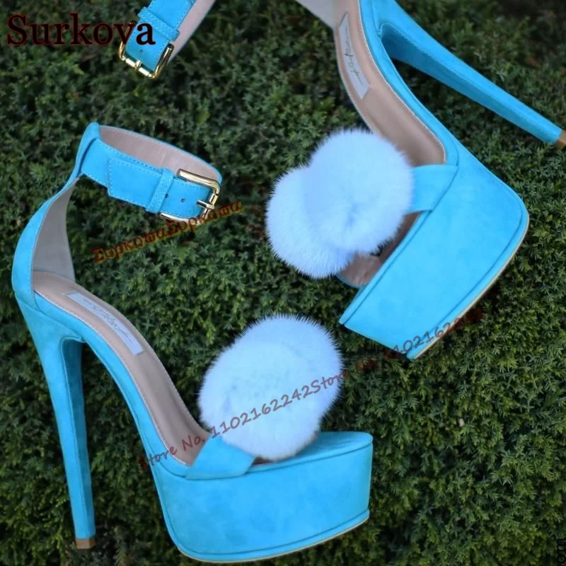 Talons hauts en fourrure de daim bleu pour femmes, sandales à plateforme Stiletto à tête ronde, chaussures provoqué élégantes, mode sexy, grande taille 46