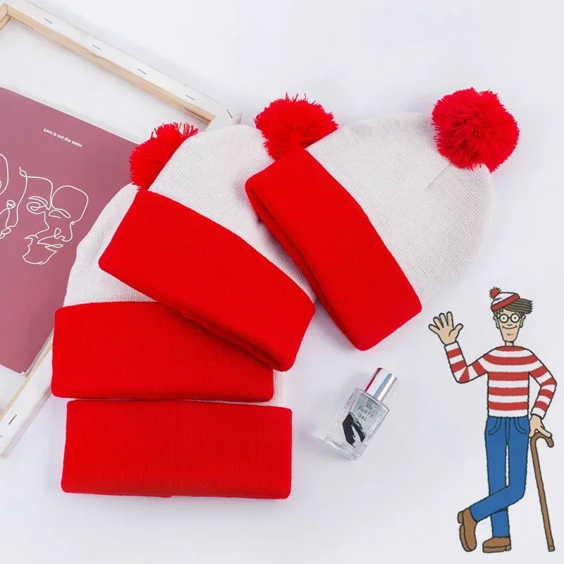 

Where's Wally Waldo Red White Knitted Hat Cosplay Halloween Christmas Gift Winter Warm Thick Cap Women And Men Valentine's Hats