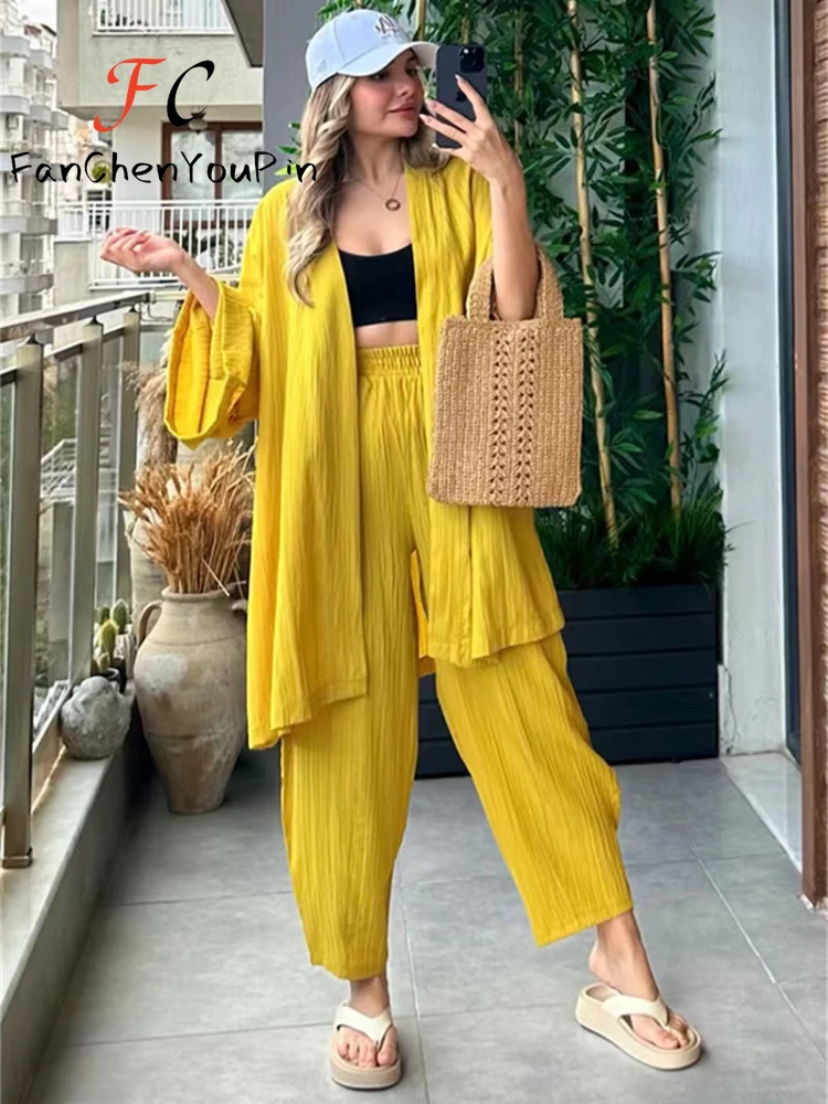 Women\'s Sets 2024 Spring Summer Casual Oversize Flare Sleeve Cardigan Loose High Waist Ankle-Length Pants Cotton 2-pieces Suit