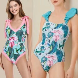 Green Suspender Ruffle Swimsuit High Waist One-Piece Suits Cutout Bikini and Pink Chiffon Skirt Elegant Suitable Women Купальник