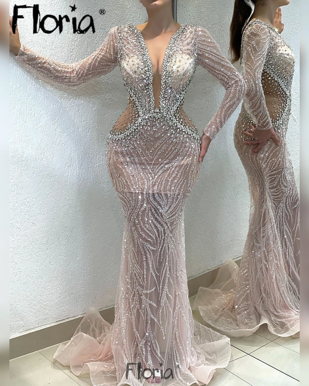 

Floria Long Sleeve Pink Mermaid Party Dress Arabic Deep V Neck Crystals Sweep Train Wedding Prom Dresses Sweep Train Custom Made