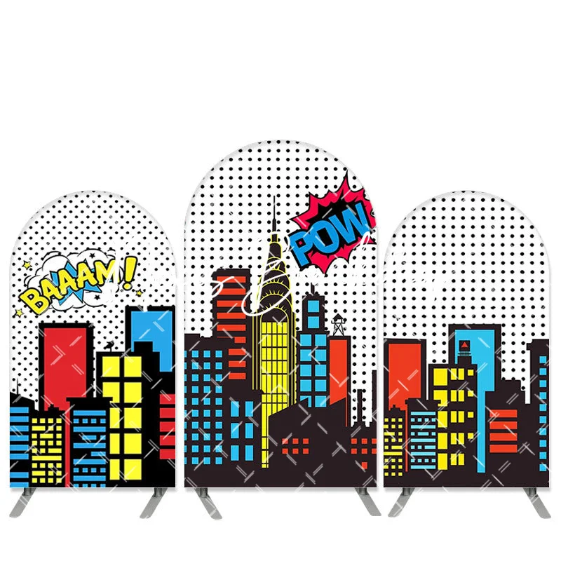 

Baaam Bang Pow Arch Birthday Backdrop Super Hero City Backdrop Dots Cityscape Banner Baby Boy 1st Birthday Cloud Party Decor