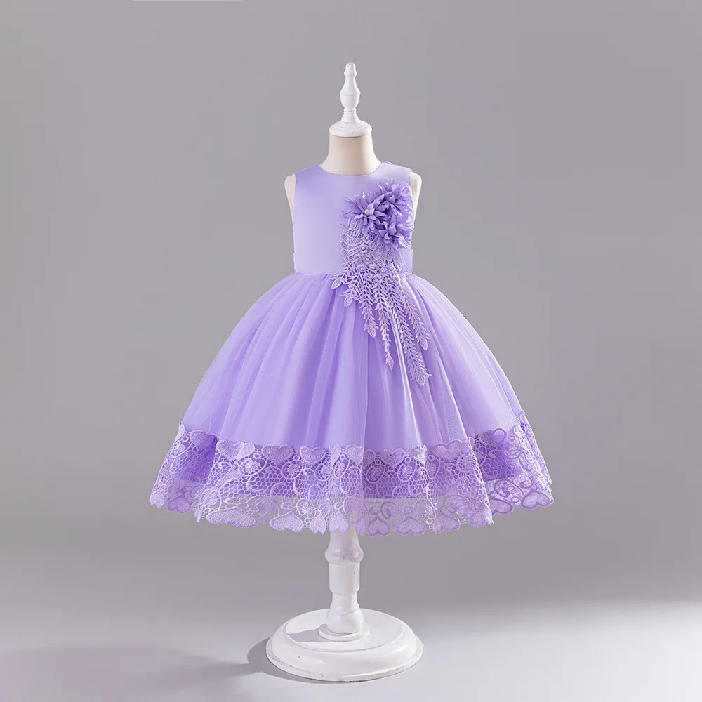 Lace Sleeveless Flower Girl Dresses New Children's Skirt Princess Crystal 3D Lace Appliques