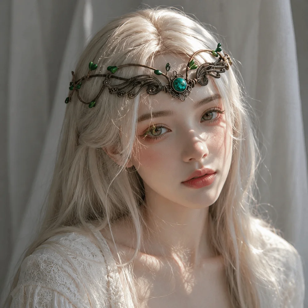 Moon Flower Elven Crown Renaissance Vintage Bridal Forehead Chain Gemstone Green Gemstone Branch Leaf Headpiece