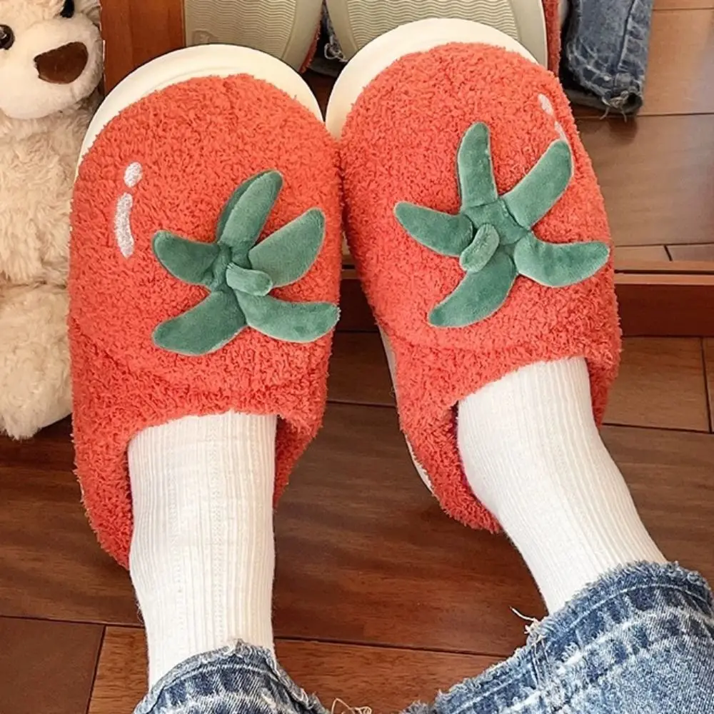 

Homewear Winter Plush Tomato Slippers Soft Thicken Warm Cartoon Furry Slippers Anti-slip Cute Home Cotton Shoes Women