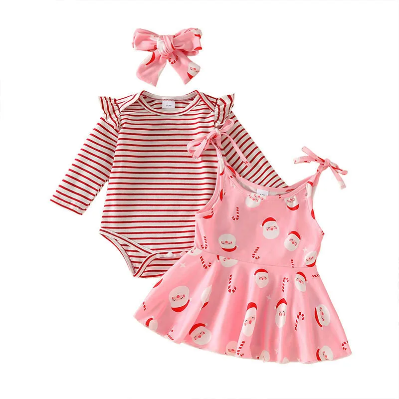 

Baby Girl Christmas Outfit Long Sleeve Striped Romper with Santa Claus Slip Dress and Headband