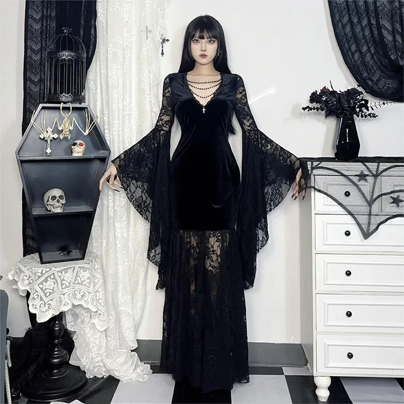

Halloween Gothic Women Dress Long Sleeve High Waist Dresses New Goth Aesthetic 90s Egirl Sexy Slim Party Club Dress