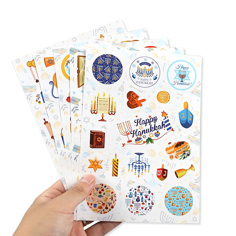 6sheets Happy Hanukkah Stickers Dreidels Menorah Candles Chanukah Stickers for Hanukkah Party Supplies DIY Decor Chanukah Gifts