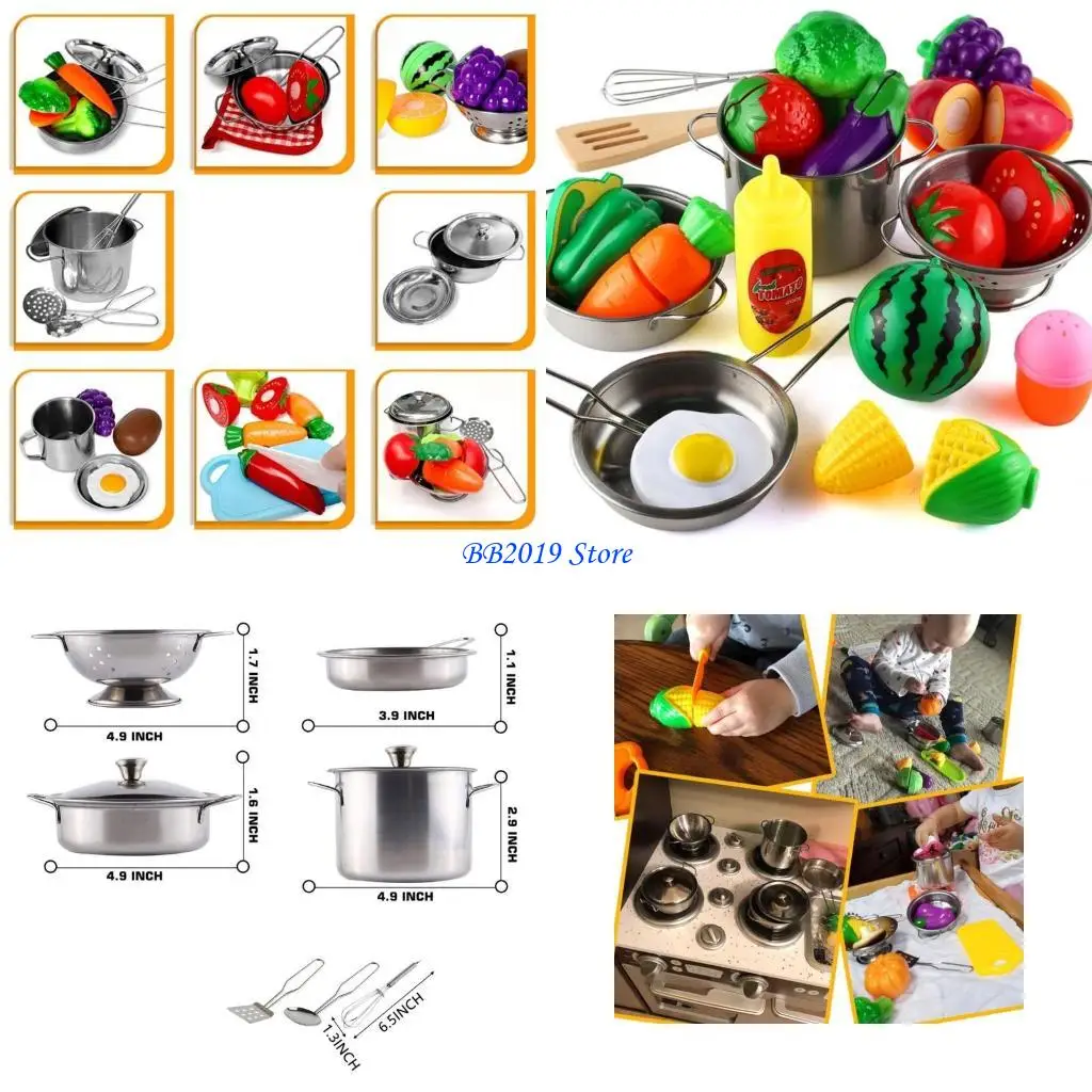 Q0KB – outil jeu simulation pour filles, ustensiles cuisine en acier inoxydable pour enfants, casseroles poêles