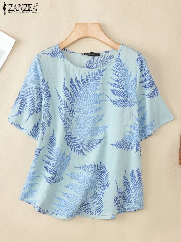 

Лето 2022, блузка с цветочным принтом ZANZEA, женская повседневная праздничная рубашка с круглым вырезом и коротким рукавом, тонкие топы, женские рабочие блузки большого размера