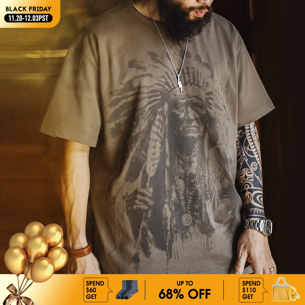 

Maden Vintage Navajo Print Short Sleeve T-Shirt Men's Summer Heavyweight Cotton Tee Letter Embroidered Loose Fit Crew Neck Tops