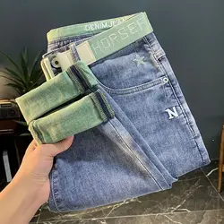 Fashionable Spring Harajuku Hip-Hop Korean Luxury Clothing Men's High-End Embroidery Slim-Fit Cowboy Cargo Denim Jeans for Men