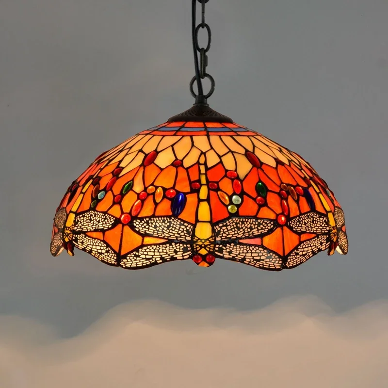 12 Inch 30cm Tiffany Style Chandeliers Red Dragonfly Droplight Stained Glass Ceiling Pendant Light for Living Room