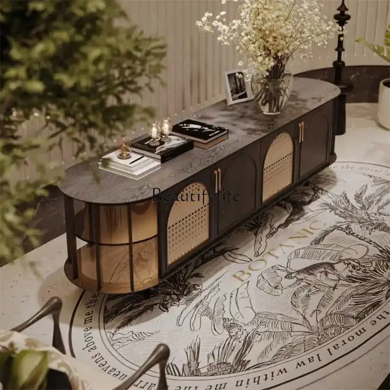 

LJYAmerican retro solid wood dining side cabinet household living room oval decorative TV cabinet