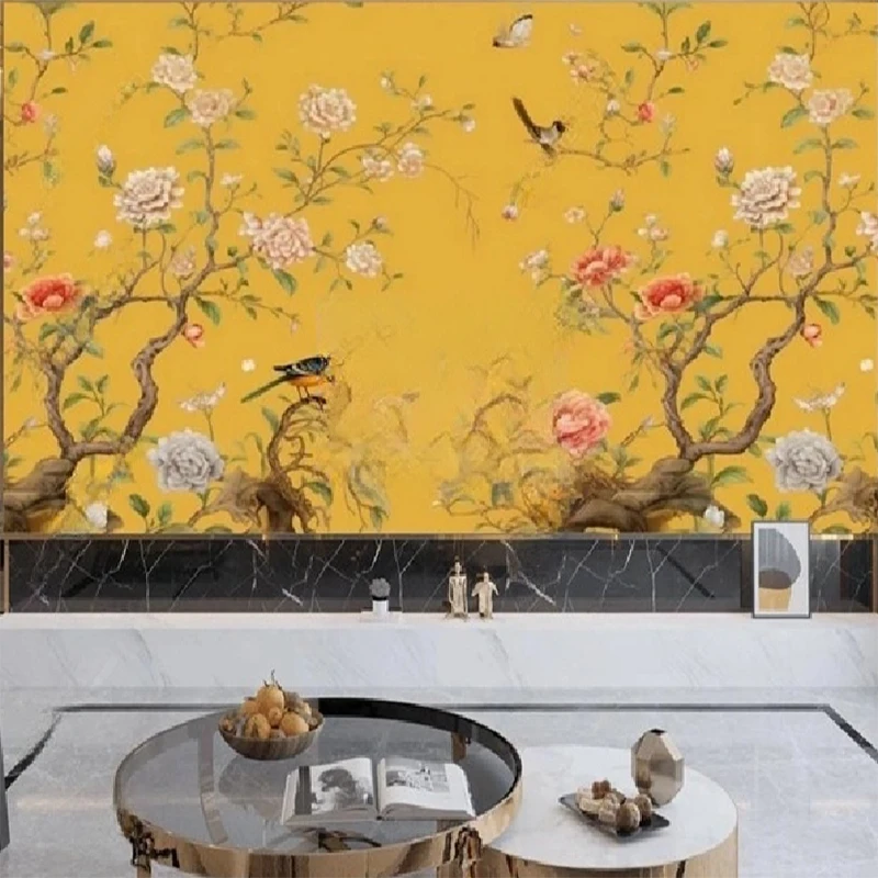 Custom New Chinese Style Peony Flower & Bird Yellow Retro Wallpaper Hand-painted Mural Wall Art Vintage Floral Wallcoverings