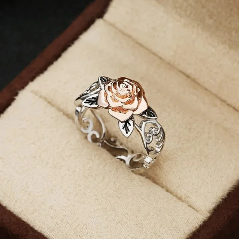 Rose Shaped Ring for Women Vintage Style Hollow Out Flowers Double Color Rings Fashion Jewelry Engagement Rings for Women