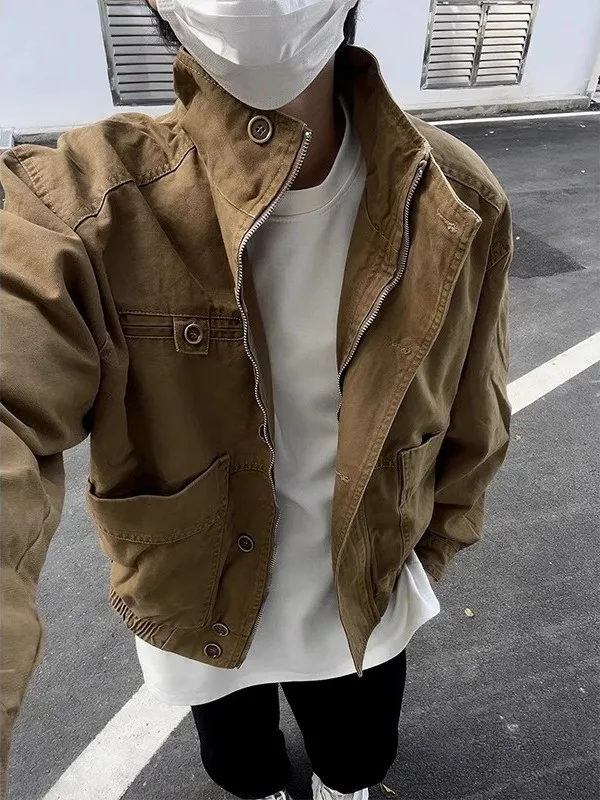 

Retro American Heavy Du Waed ort Collar Workwear Jaet Men's Faion Outerwear Cotton Casual Wear Resistant Zipper