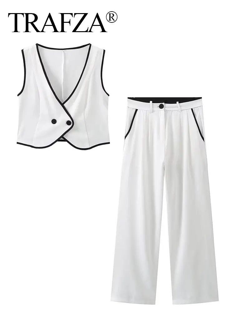 TRAFZA 2024 Summer Women Fashion Pants Set White V Neck Contrasting Short Vest Top + Loose Female Wide Leg Long Pant Streetwear