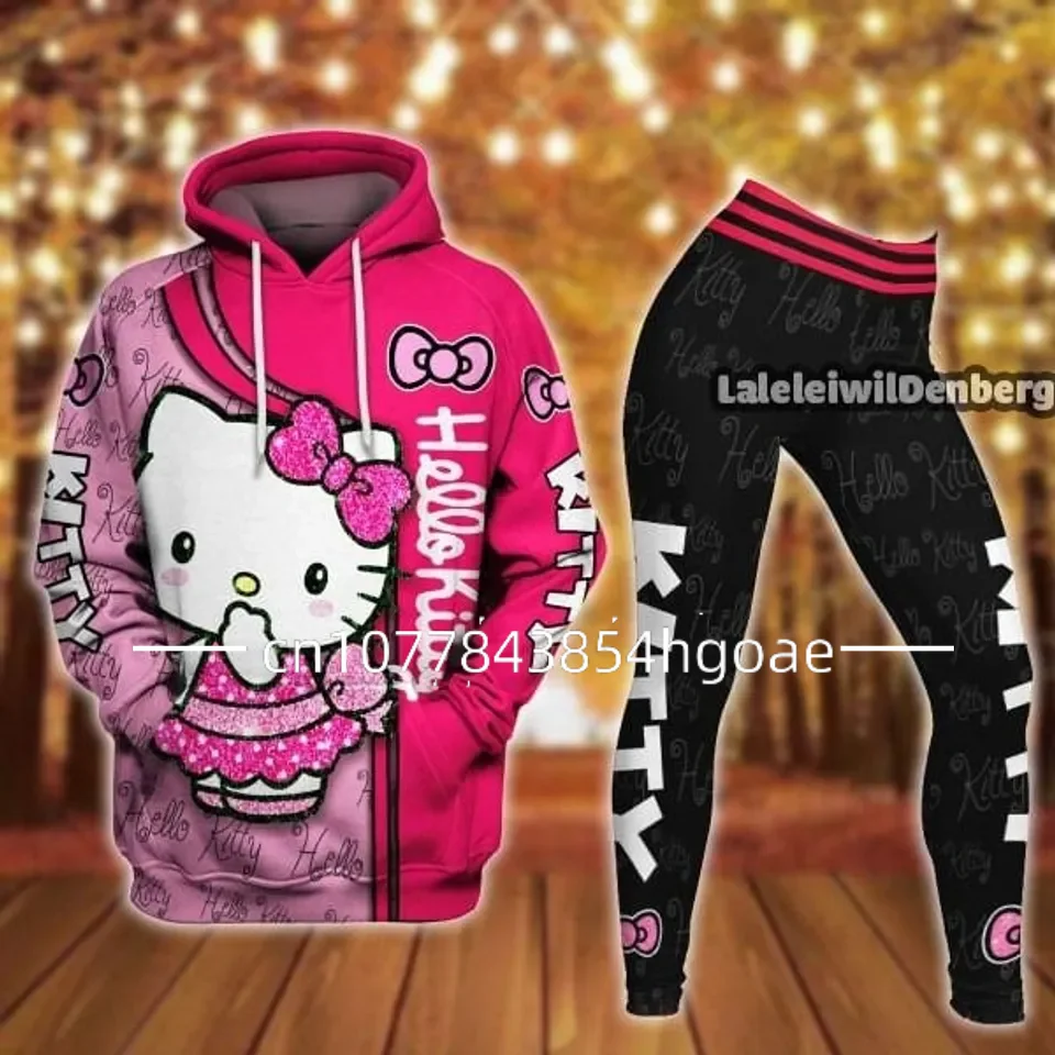 2024 New Hello Kitty 3D Hoodie Women\'s Hoodie Leggings Suit Stitch Yoga Pants Sweatpants Fashion Sports Suit Disney Yoga Suit