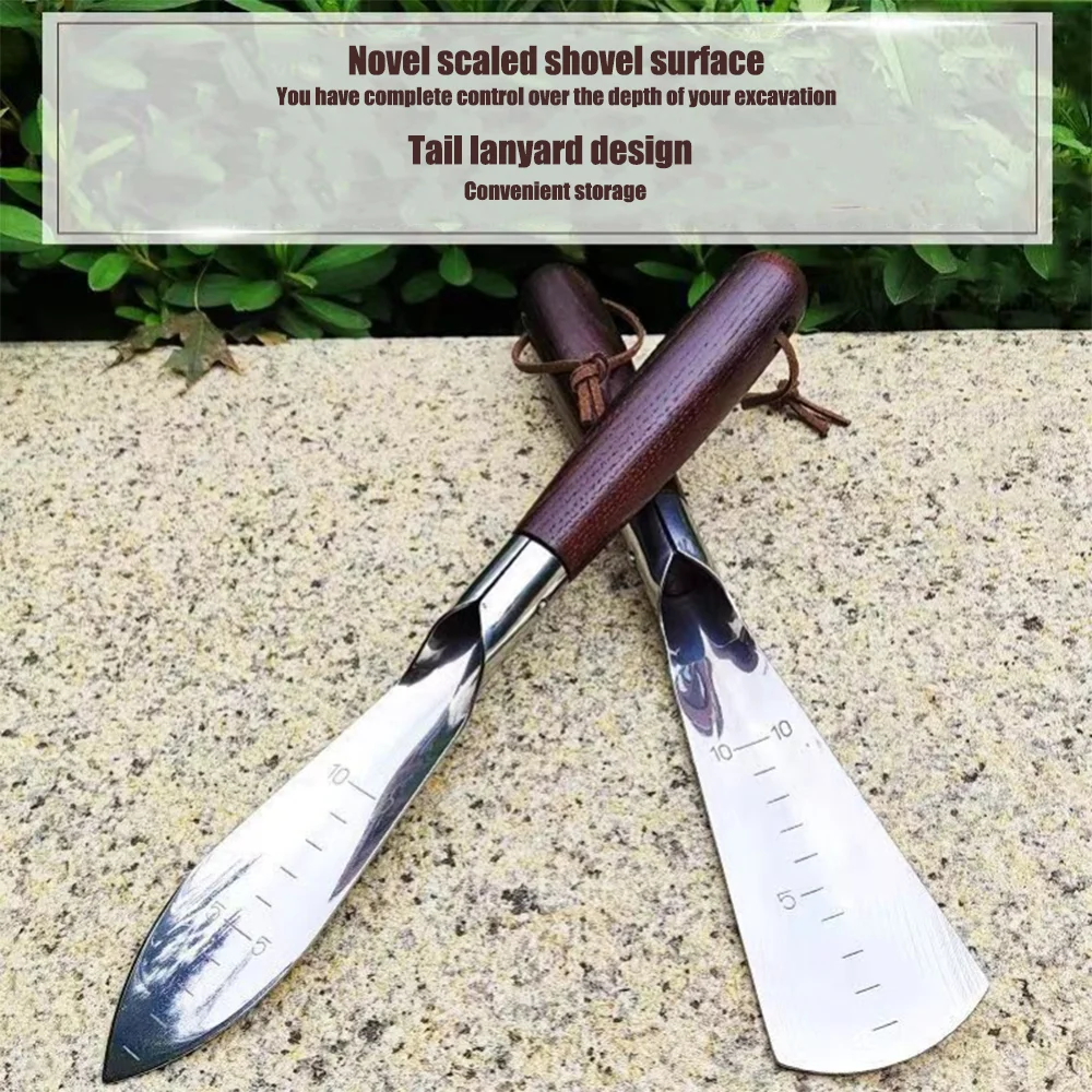 Extended blade gardening shovel with graduated wooden handle, suitable for camping/garden work/wild survival, etc., hand tool