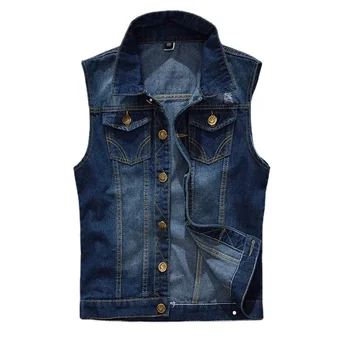 Men Denim Vests Jackets Waistcoats Light Blue Ripped Denim Coats Vests New Fashion Male Cotton Slim Black Jeans Waistcoats 6XL 5