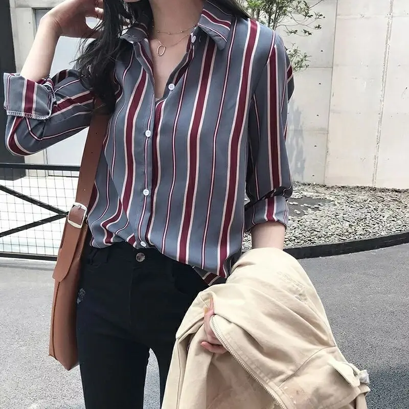 Striped Temperament Blouses Turn-down Collar Loose Button Office Lady Elegant Fashion Formal Spring Summer Women's Clothing Thin
