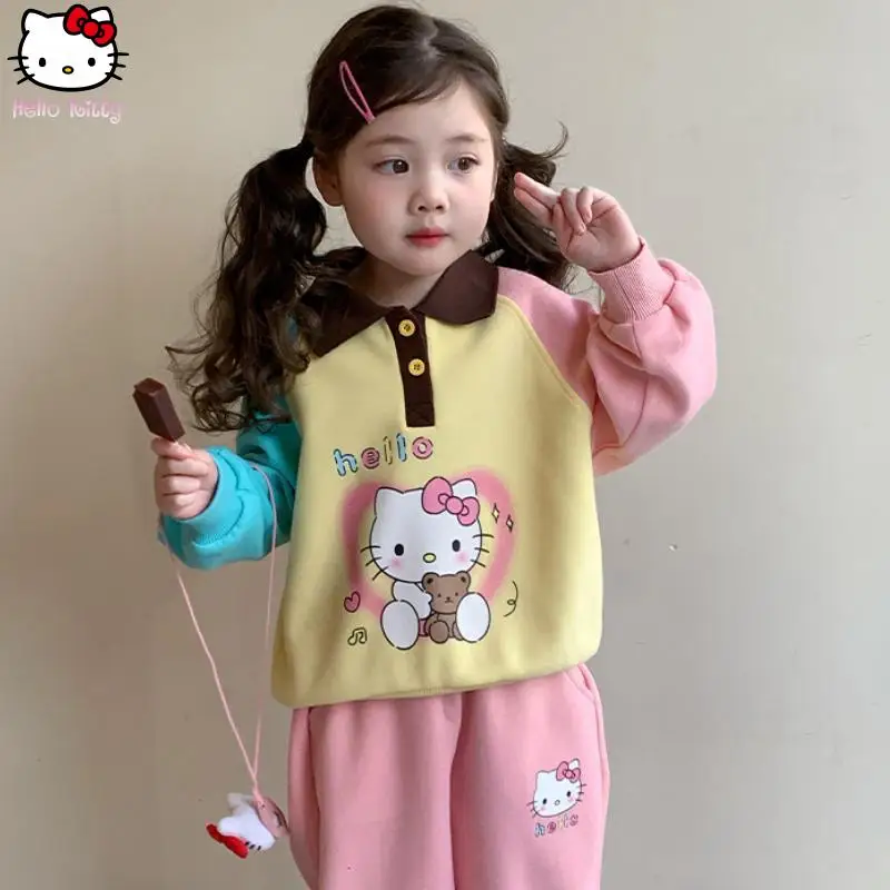 

Kawaii футболка с лацканами для девочек, костюм Hello Kitty, новый мультфильм, весна-осень, аниме, контрастный модный свитшот, спортивные штаны Sanrio