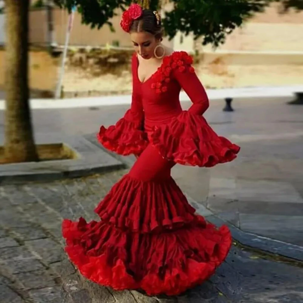 Pretty Flamenco Dresses Ruffles abiye gece elbisesi Red Floral Elegant Evening Gowns with Sleeves Layered Mermaid Tiered