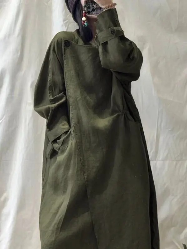 

Trendy Linen Casual Long Coat Dstring Korean Sle Windbreaker Outerwear Autumn New Arrival Women's Faion Coat