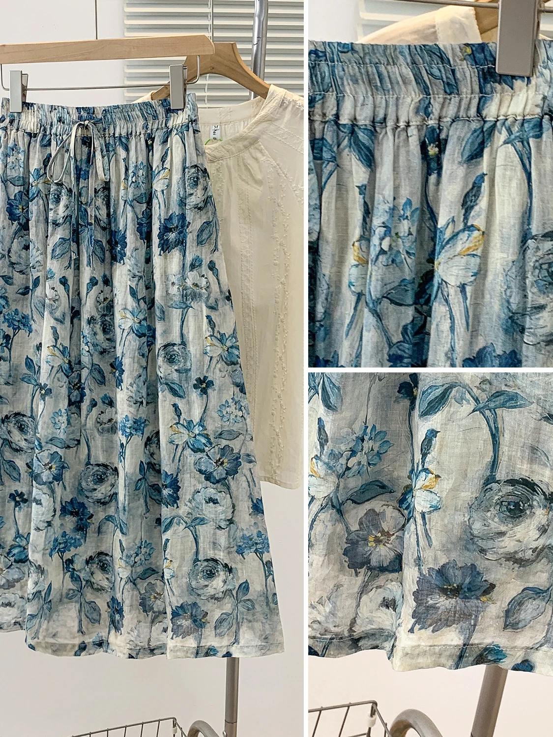 الصيف الفني Fre الكتان طباعة f تنورة مرونة الخصر التخسيس تنورة طويلة ألف خط للنساء حجم كبير ملابس غير رسمية متعددة الاستخدامات