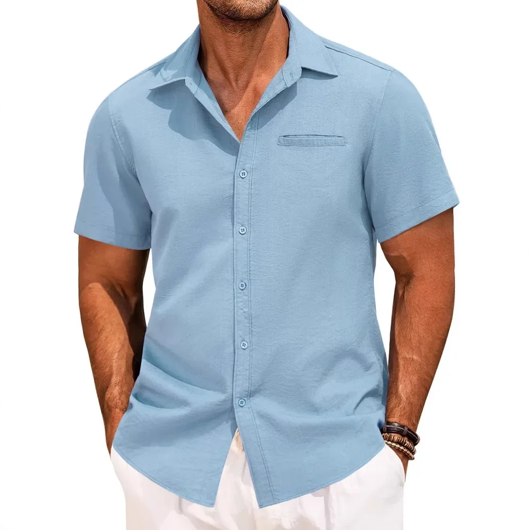

New Men's Shirt Button Short-sleeved Lapel Office Casual Top Fashion Simple Invisible Pocket Blouses