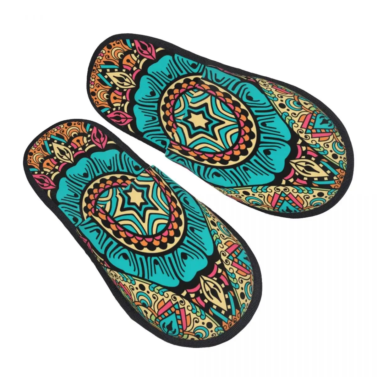 Winter Women Men Non-Slip Flat Slippers Indian Ethnic Print Indoor Fur Soft Warm Shoes