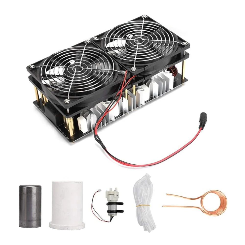 2500W ZVS Induction Heater Module Flyback Driver, PCB Heating Board Large Radiator with Spiral Copper Tube Crucible and PumpPipe