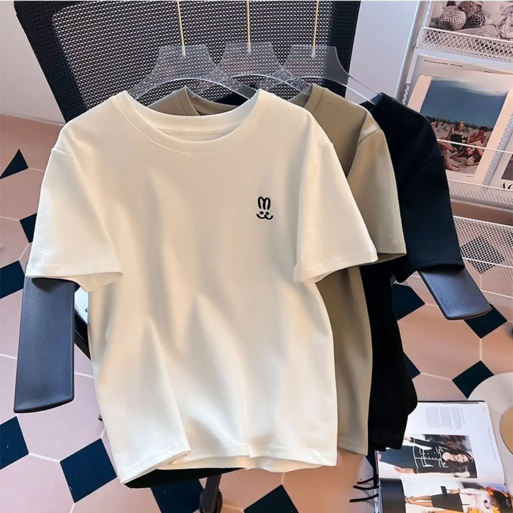 

Women's Solid Color round Neck T-Shirt White Right Shoulder Loose Fit Slimming Short Sleeve Top for Summer Bottoming Shirt