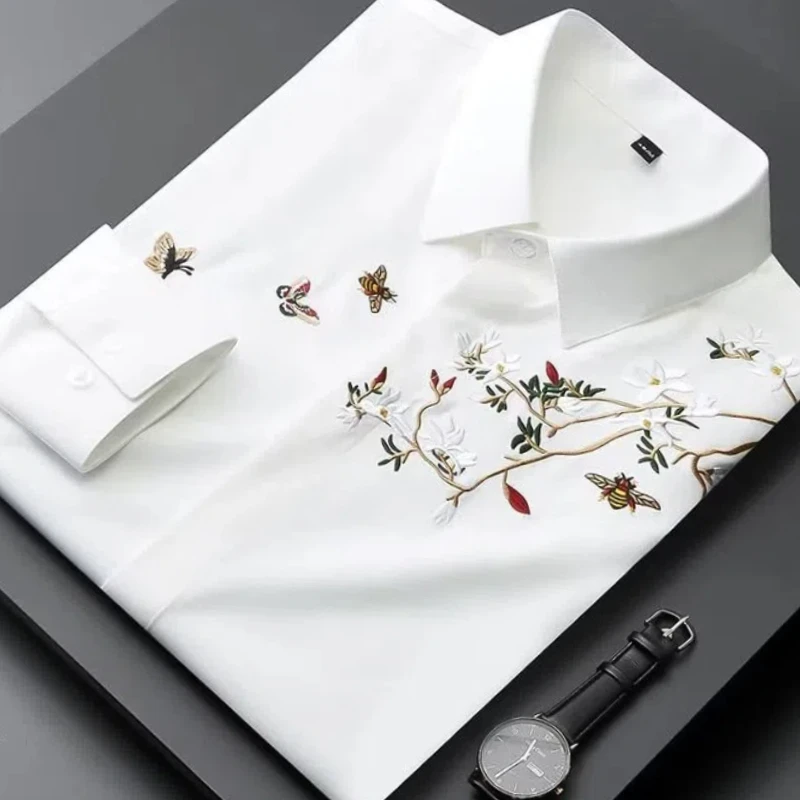 Chinese Style Men Shirts New Autumn Lapel Embroidery Button Trend Fashion Temperament Office Social Loog Sleeve Slim Shirts Tops