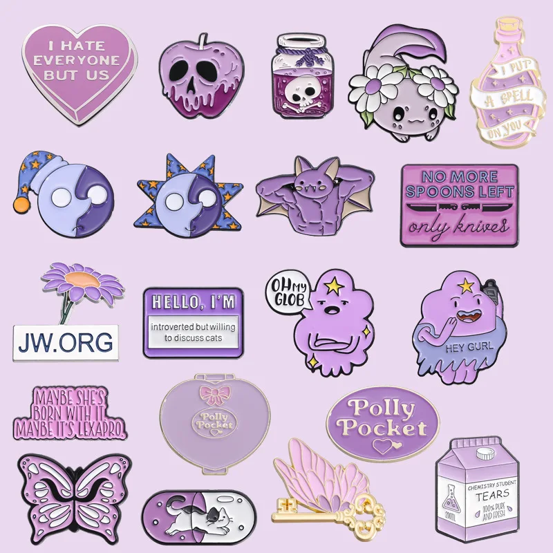 

Cartoon Butterfly Love Set Enamel Pins Purple Series Brooches Classic Anime Briefcase Clothing Badges Kids Jewelry Accessories