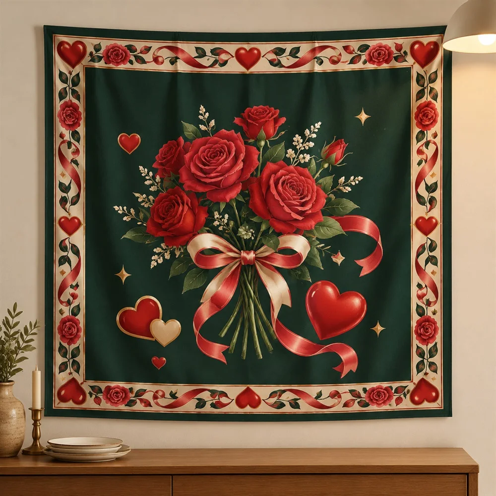 VIKAMA Valentine Heart Rose Tapestry Wall Hanging, Romantic Aesthetic Room Decor Wall Art Tapestries for Bedroom Living Room