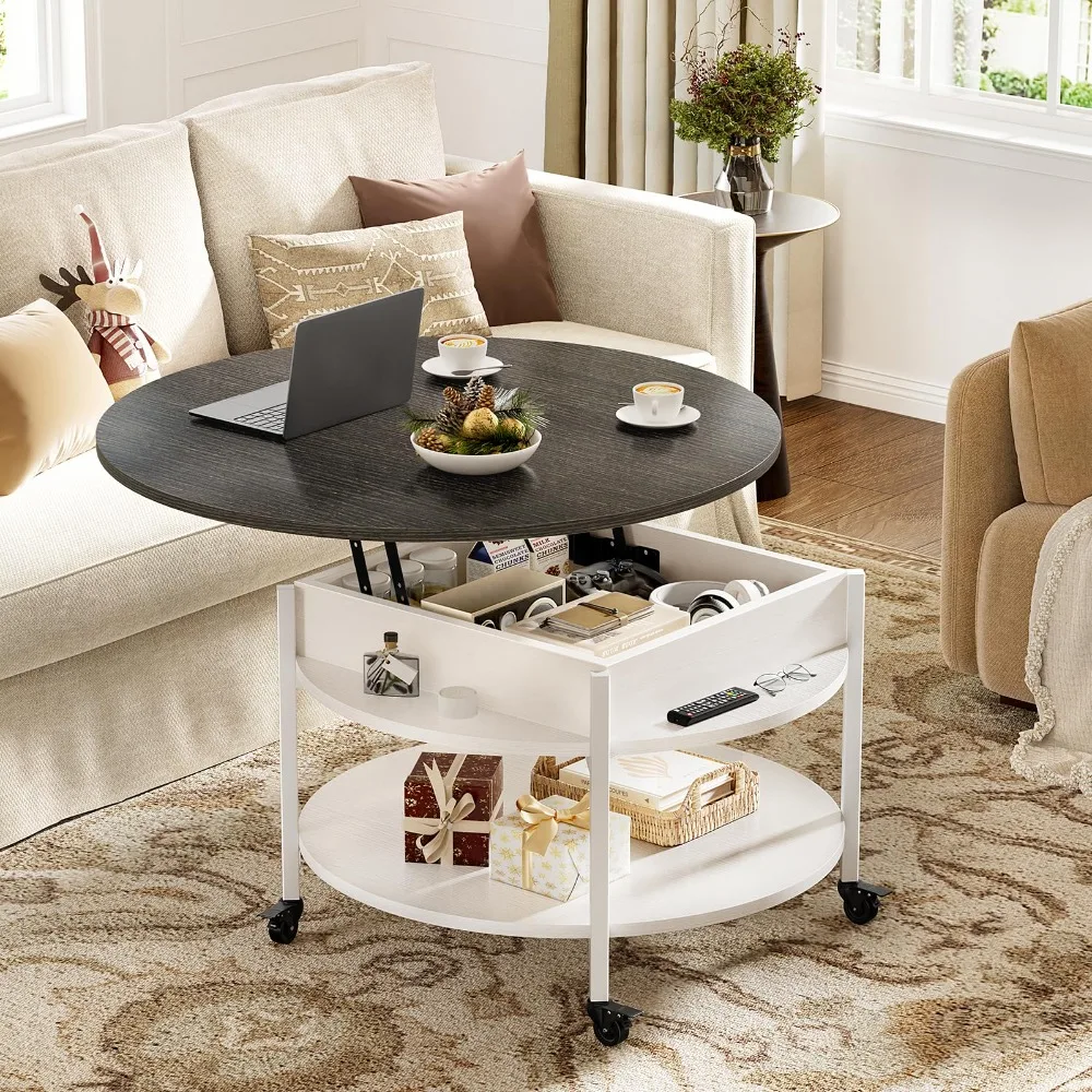 Small Round Lift Top Coffee Table with Wheels and Storage, White 26.77’’ Rolling Lift Up Circle Center Table