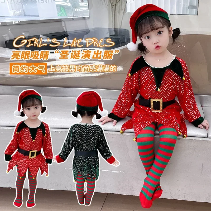 子供のための緑のマンタクラウコスチューム、帽子付きのelfスーツセット、ファンシーなクリスマスパーティードレス、子供のためのパフォーマンスコスチューム、新しい年、2023